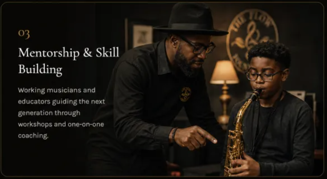 Mentorship & Skill Building: Working musicians and educators guiding the next generation through workshops and one-on-one coaching.